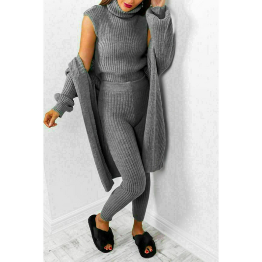 Ladies 3 Piece Suit Roll Neck Chunky Knitted Ribbed Tracksuit Lounge Set