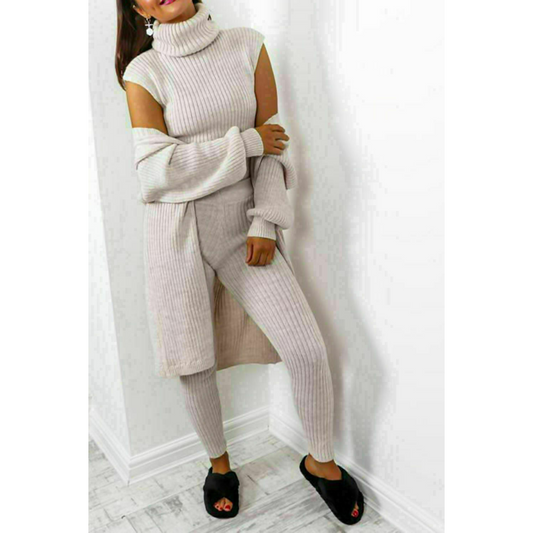 Ladies 3 Piece Suit Roll Neck Chunky Knitted Ribbed Tracksuit Lounge Set