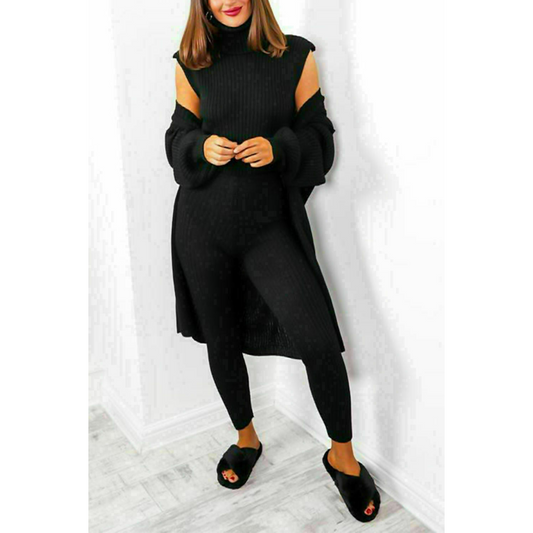 Ladies 3 Piece Suit Roll Neck Chunky Knitted Ribbed Tracksuit Lounge Set