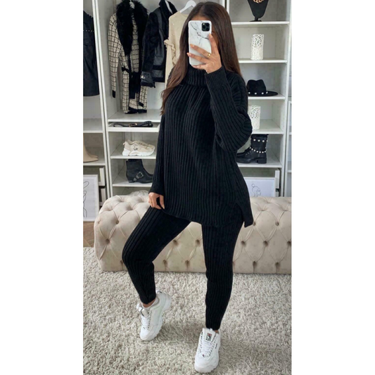 Ladies Chunky Knitted Ribbed Polo High Neck Top Leggings Loungewear Suit Set