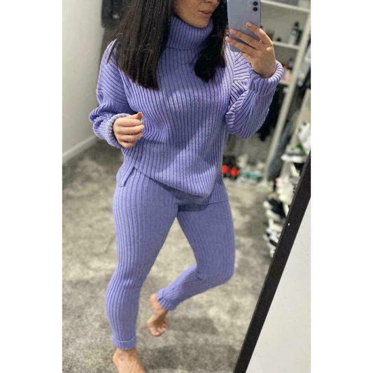 Ladies Chunky Knitted Ribbed Polo High Neck Top Leggings Loungewear Suit Set