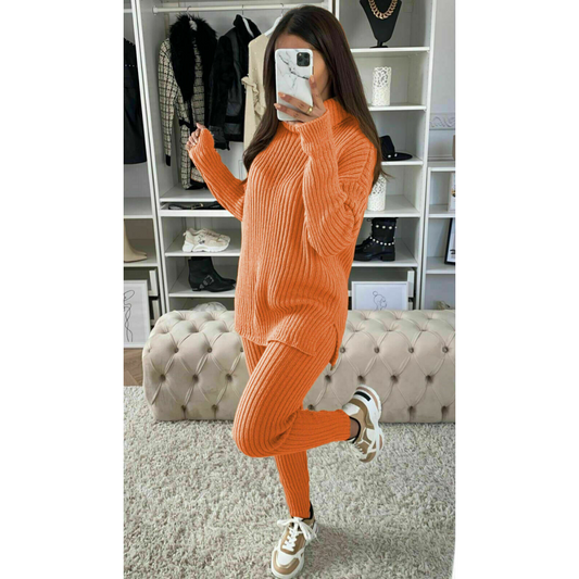 Ladies Chunky Knitted Ribbed Polo High Neck Top Leggings Loungewear Suit Set