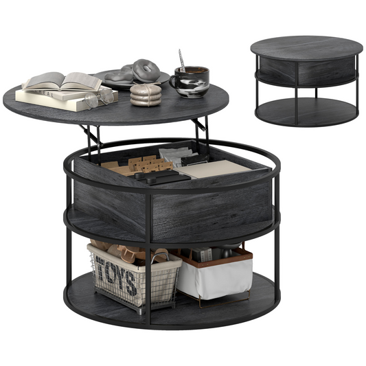 HOMCOM Lift Top Coffee Table, Round Coffee Table with Hidden Storage