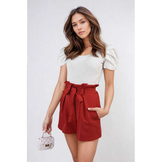 High Waist Tie Belt Paper Bag Shorts