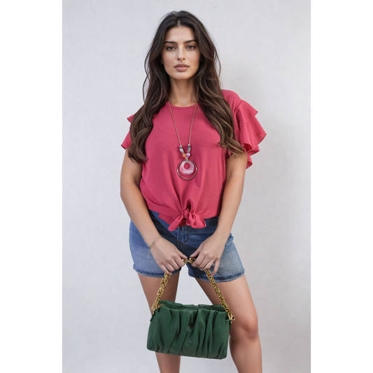 Layered Ruffle Short Sleeve Tie Front Top