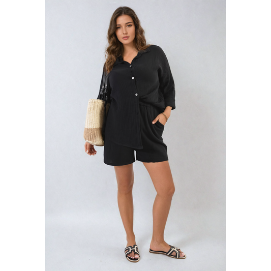 Oversized Button Front Shirt and Shorts Co-ord Set