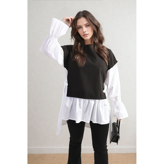 Side Tie Contrast Long Sleeve Knit Frill Top