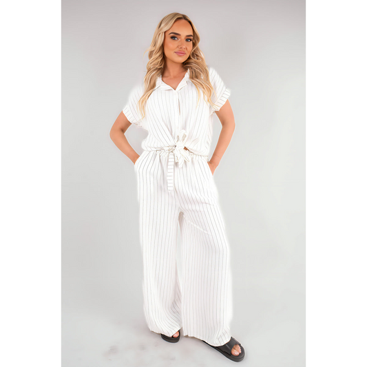 Striped Button Down Tie Front Top and Trouser Co-ord Set