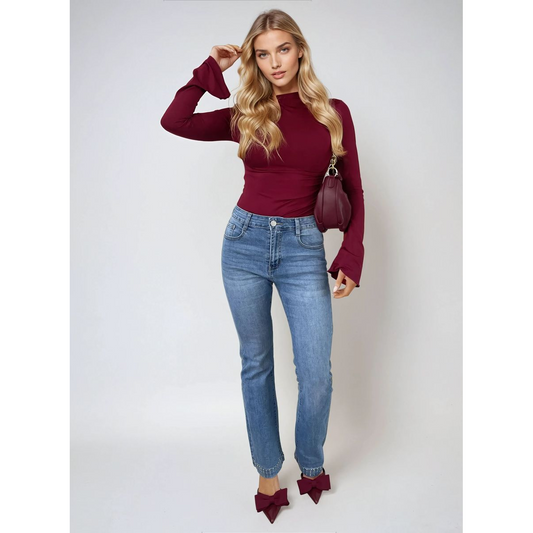 Rhinestone Hem High Waist Flare Jeans
