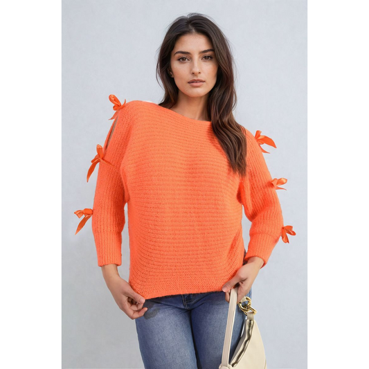 Cut Out Tie Bow Sleeve Detail Chunky Knitted Top