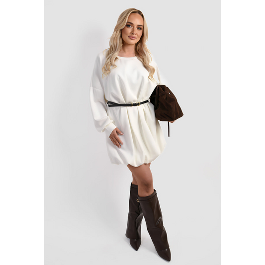 Belted Long Sleeve Mini Balloon Dress