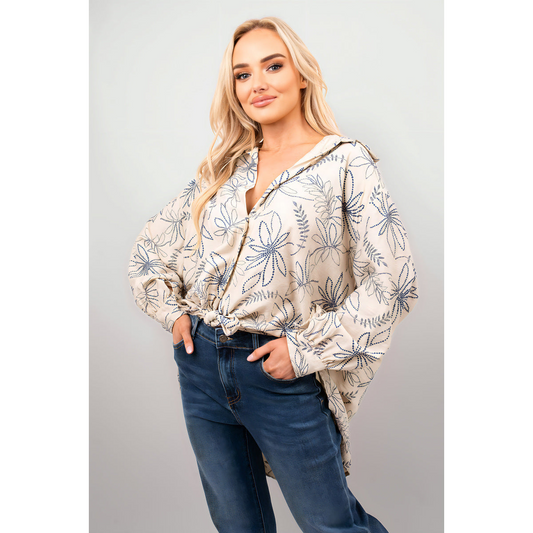 Floral Print Oversized Long Sleeve Button Down Top