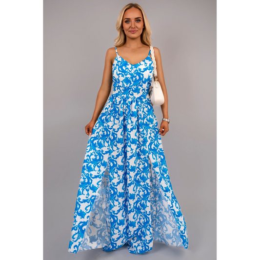 V Neck Spaghetti Strap Maxi Dress with All Over Print