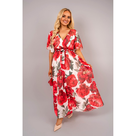 Floral V Neck Short Sleeve Maxi Dress with Tie Waist