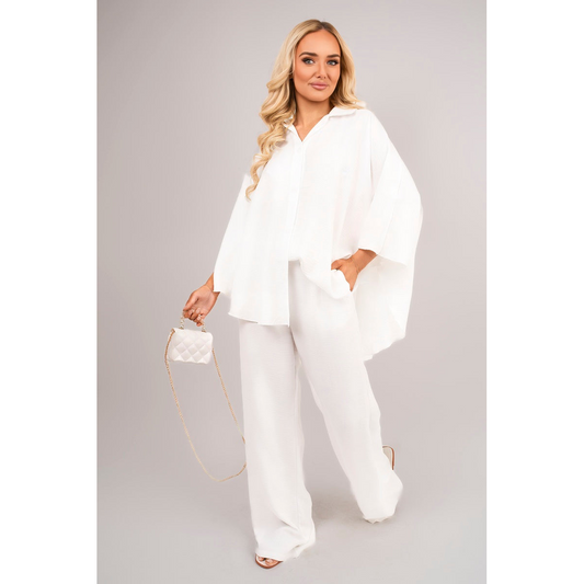Button Down Long Sleeve Shirt and Wide Leg Trousers Co-ord Set