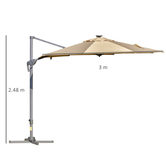 Outsunny 3m Solar LED Cantilever Parasol - Adjustable Garden Umbrella
