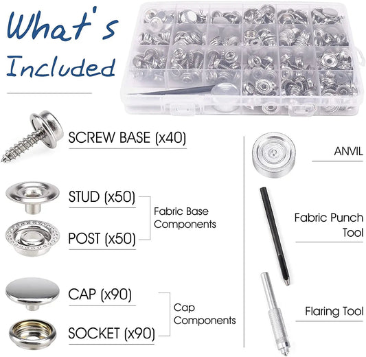 OLOEY Marine Grade Snap Fasteners - Durable Stainless Steel Buttons for Crafts