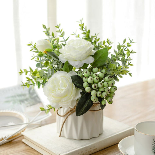 Lifelike Artificial Flowers with Ceramic Vase - Perfect Home Decor