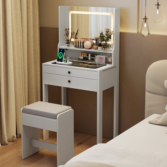 Vanity Desk with Power Outlets and 3 Color Lighting Modes for Bedroom-White