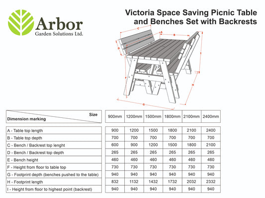 Victoria Space Saving Rounded Picnic Table and Bench Set With Backrest - Rustic Finish