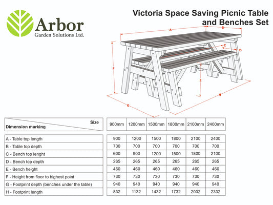 Victoria Rounded Space Saving Picnic Table and Benches Set - Rustic Finish