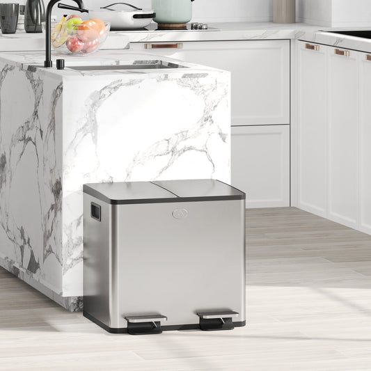HOMCOM 30L Dual Compartment Stainless Steel Bin, with Deodoriser Holders - Silver Tone