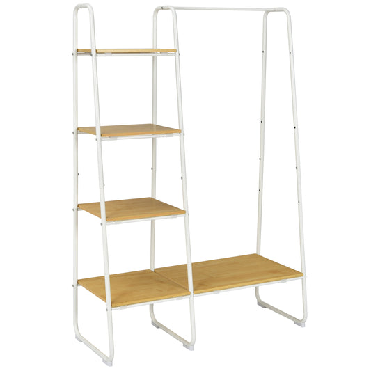 Free-Standing Garment Clothing Rack with 5-Tier Wood Shelves-White