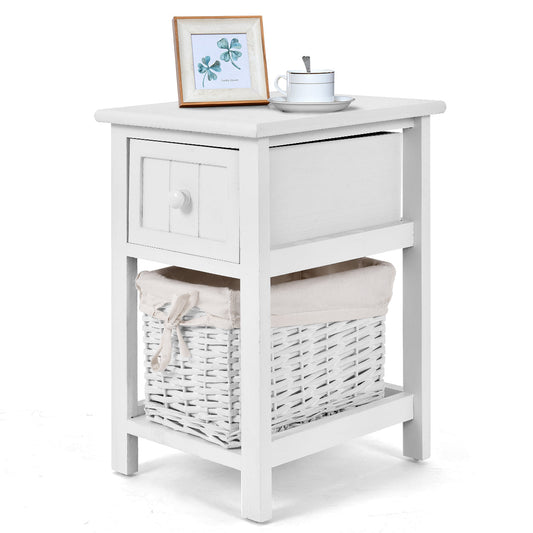 2 Tiers Wood Nightstand with 1 Drawer and 1 Baskets for Home-White