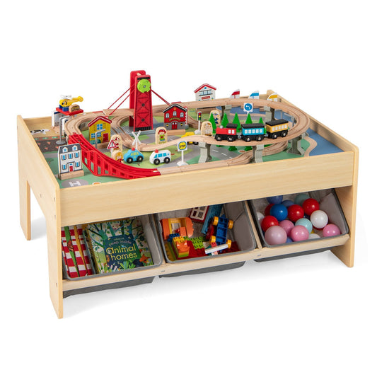 Wooden Train Set Table with 2 Reversible Tabletops and 3 Fabric Drawers-Grey