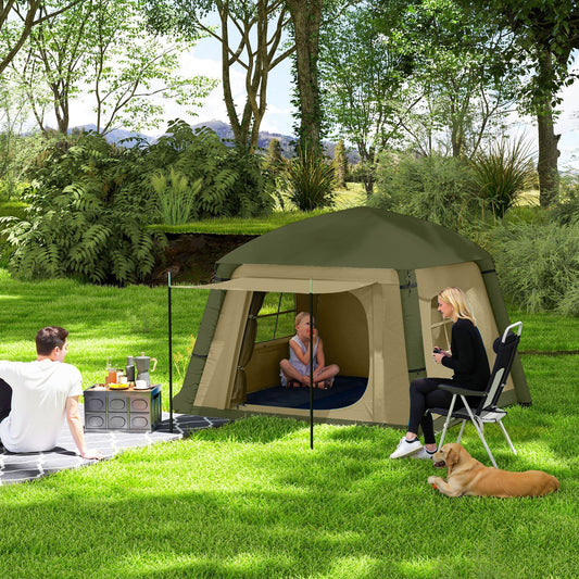 Outsunny Inflatable Camping Tent w/ Hand Pump, Easy Setup 1/2 Person Blow Up Tent Waterproof 190T Taffeta w/ Mesh Windows, Doors and Carry Bag, Brown