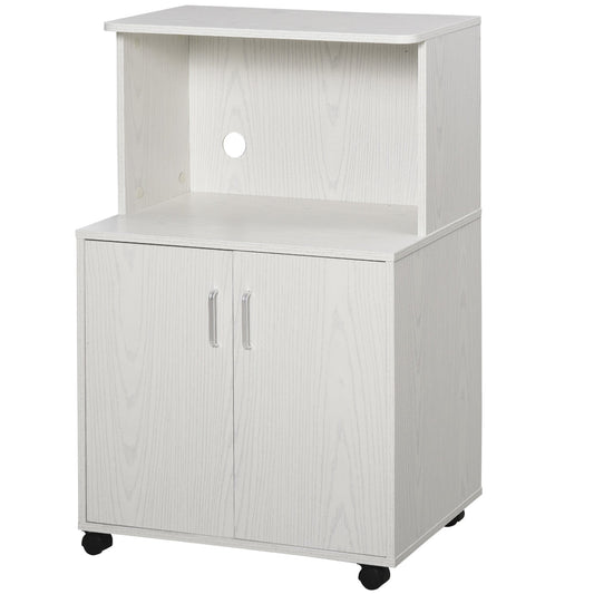 HOMCOM Kitchen Storage Unit, Modern Microwave Stand Trolley Cart, Sideboard with Cabinet,  Locking Wheels, Shelf for Living Room, Dining Room, White