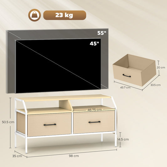 HOMCOM TV Stand Cabinet, TV Unit for 55-inch TVs with 2 Foldable Fabric Drawers, 5 Divided Side Pockets, Open Shelves, Console Table for Living Room, Bedroom, Entertainment Room, Natural Wood Finish