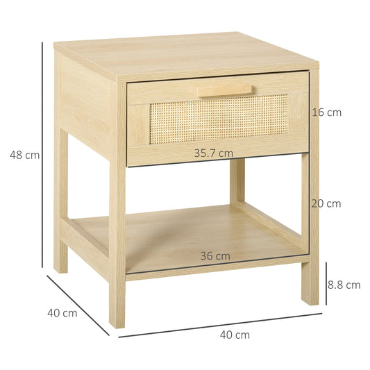 HOMCOM Bedside Table Set of 2 with Rattan Drawer, Rustic Side Tables with Storage Shelf for Bedroom, Living Room, Natural