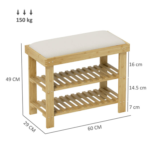 HOMCOM Bamboo Shoe Storage Bench, 3-Tier Shoe Bench with Seat Cushion, Shoe Rack for Entryway, Hallway, Living Room, Bedroom, Cream White