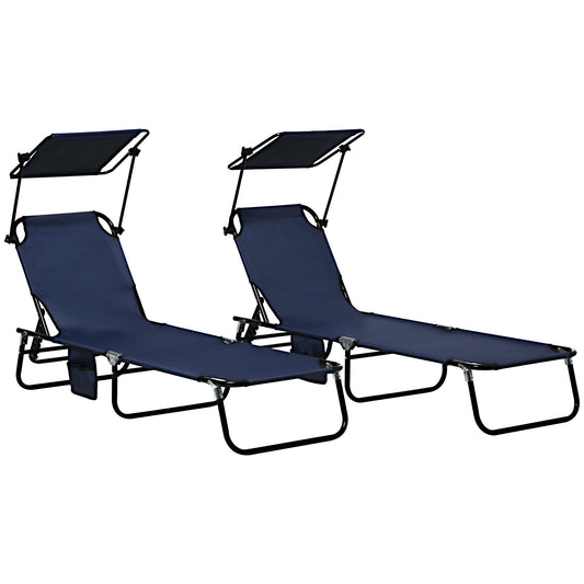 Outsunny 2 Piece Folding Sun Loungers with Canopy, Adjustable Recliner Garden Chairs with Side Pocket, Steel Frame and Breathable Mesh for Outdoor, Pool, Beach, Garden, Dark Blue