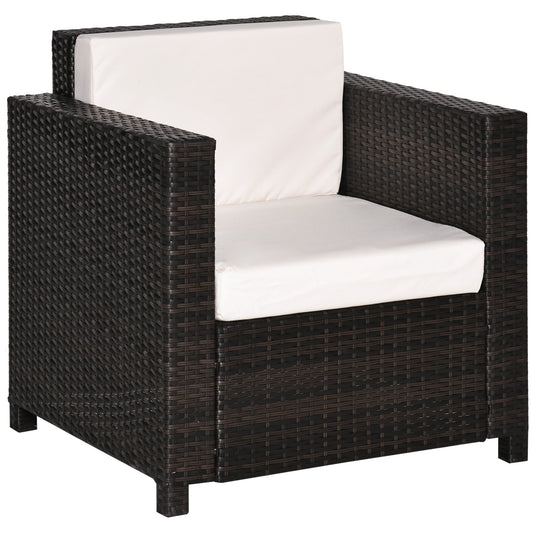 Outsunny Single Seater Rattan Chair, PE Wicker Garden Armchair with 10 cm Thickened Cushion, All-Weather Rattan Garden Chair with Armrests, Brown