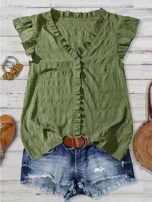 New Women's V-neck Ruffled Short-sleeve Blouse Loose-fit Figure-flattering Top With Lace Detailing