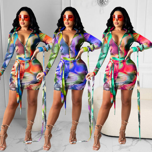 Sexy Women Mesh See-Through Printed Dress With Bandage