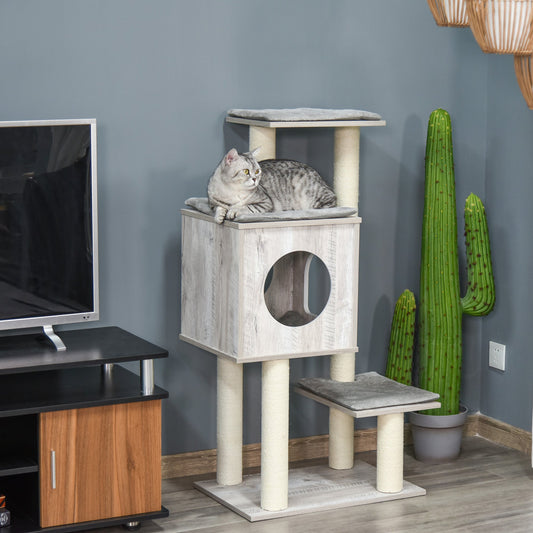 PawHut Cat Tree for Indoor Large Cats 113cm Kitten Tower Condo Jute Scratching Post Kitten Play House Activity Center Furniture