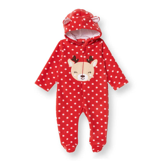 Baby Girl Fleece Footed Sleepsuit Animal Print Zip Fastening Hooded - Red Printed