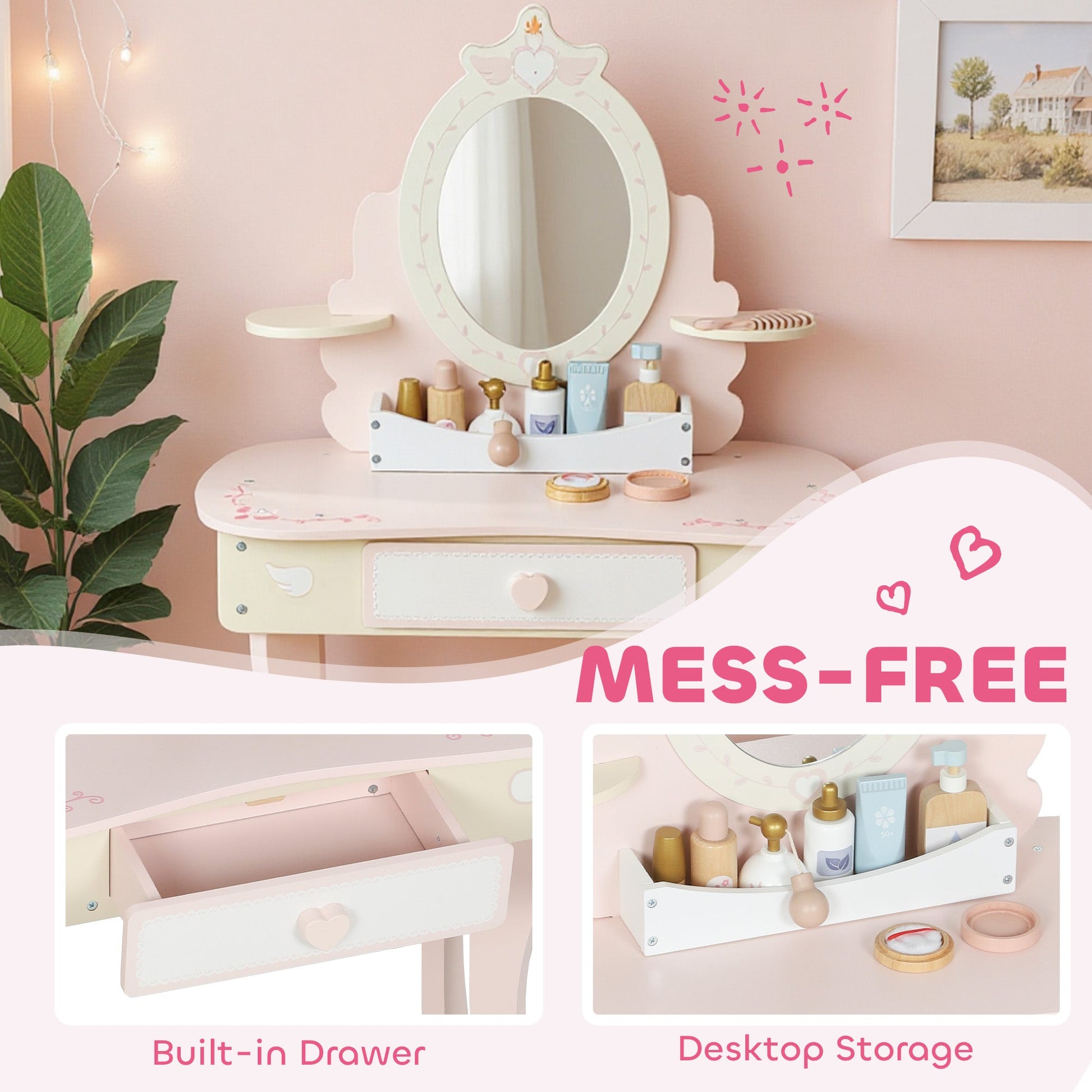 AIYAPLAY Kids Dressing Table, Girls Vanity Set with Mirror and Stool, 7 Play Accessories, Drawer, Desktop Storage, Pink | Luxury Home Accessories | Heulog Glow