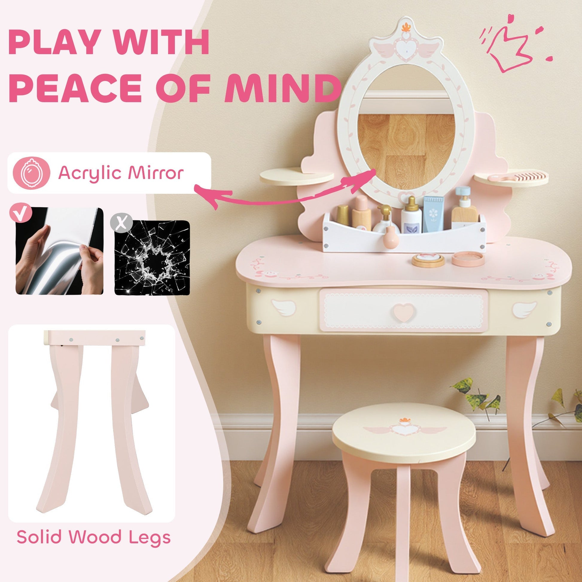 AIYAPLAY Kids Dressing Table, Girls Vanity Set with Mirror and Stool, 7 Play Accessories, Drawer, Desktop Storage, Pink | Luxury Home Accessories | Heulog Glow