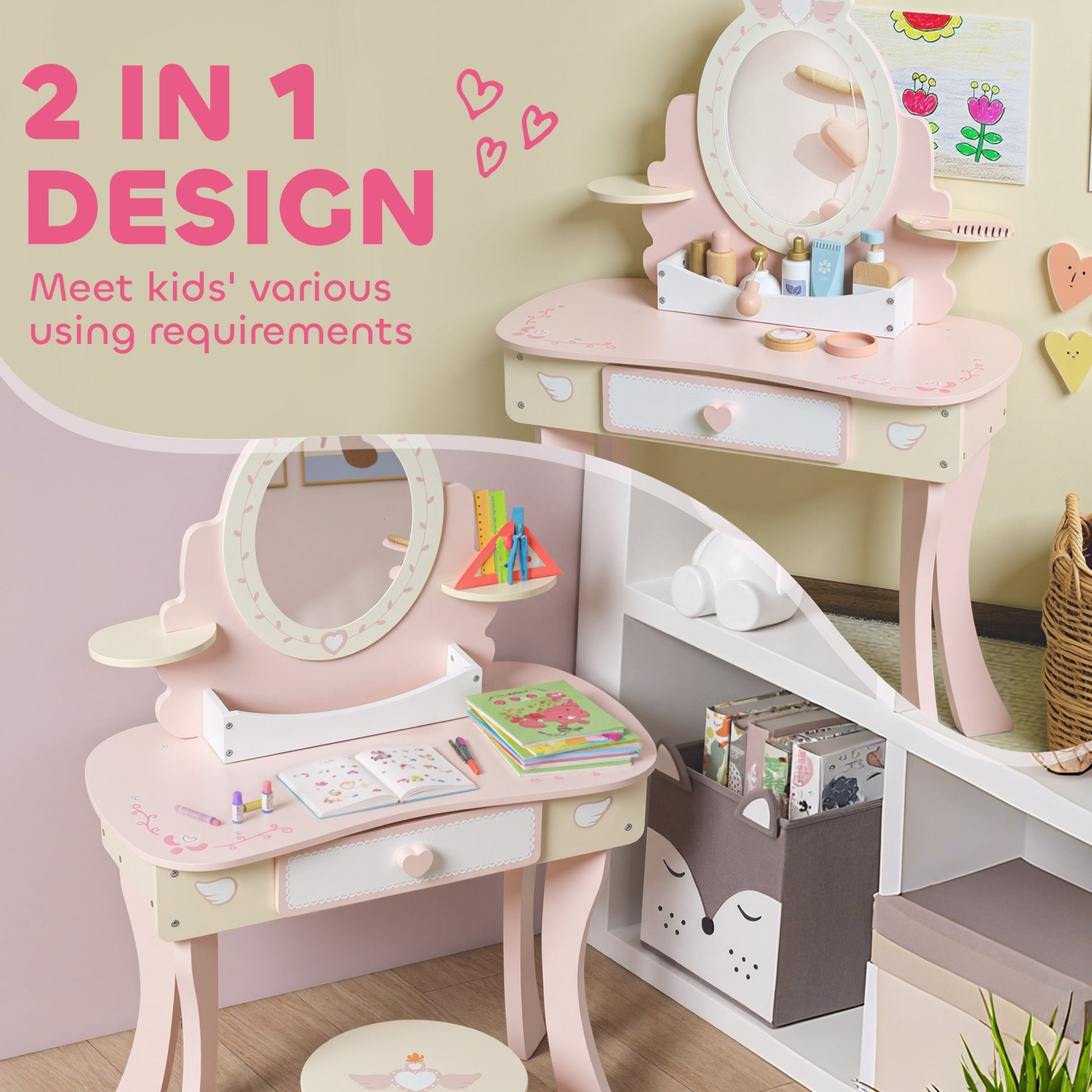 AIYAPLAY Kids Dressing Table, Girls Vanity Set with Mirror and Stool, 7 Play Accessories, Drawer, Desktop Storage, Pink | Luxury Home Accessories | Heulog Glow