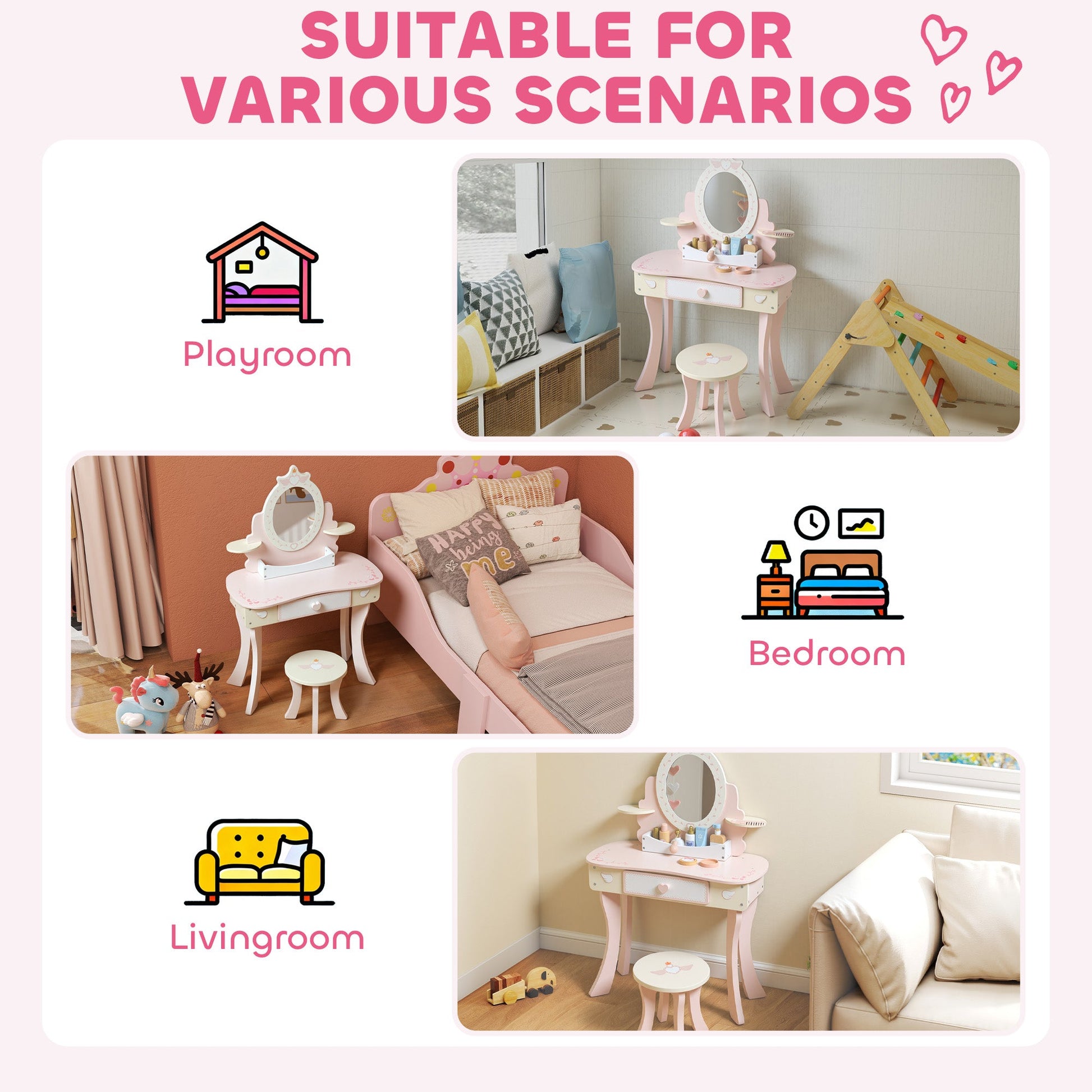 AIYAPLAY Kids Dressing Table, Girls Vanity Set with Mirror and Stool, 7 Play Accessories, Drawer, Desktop Storage, Pink | Luxury Home Accessories | Heulog Glow