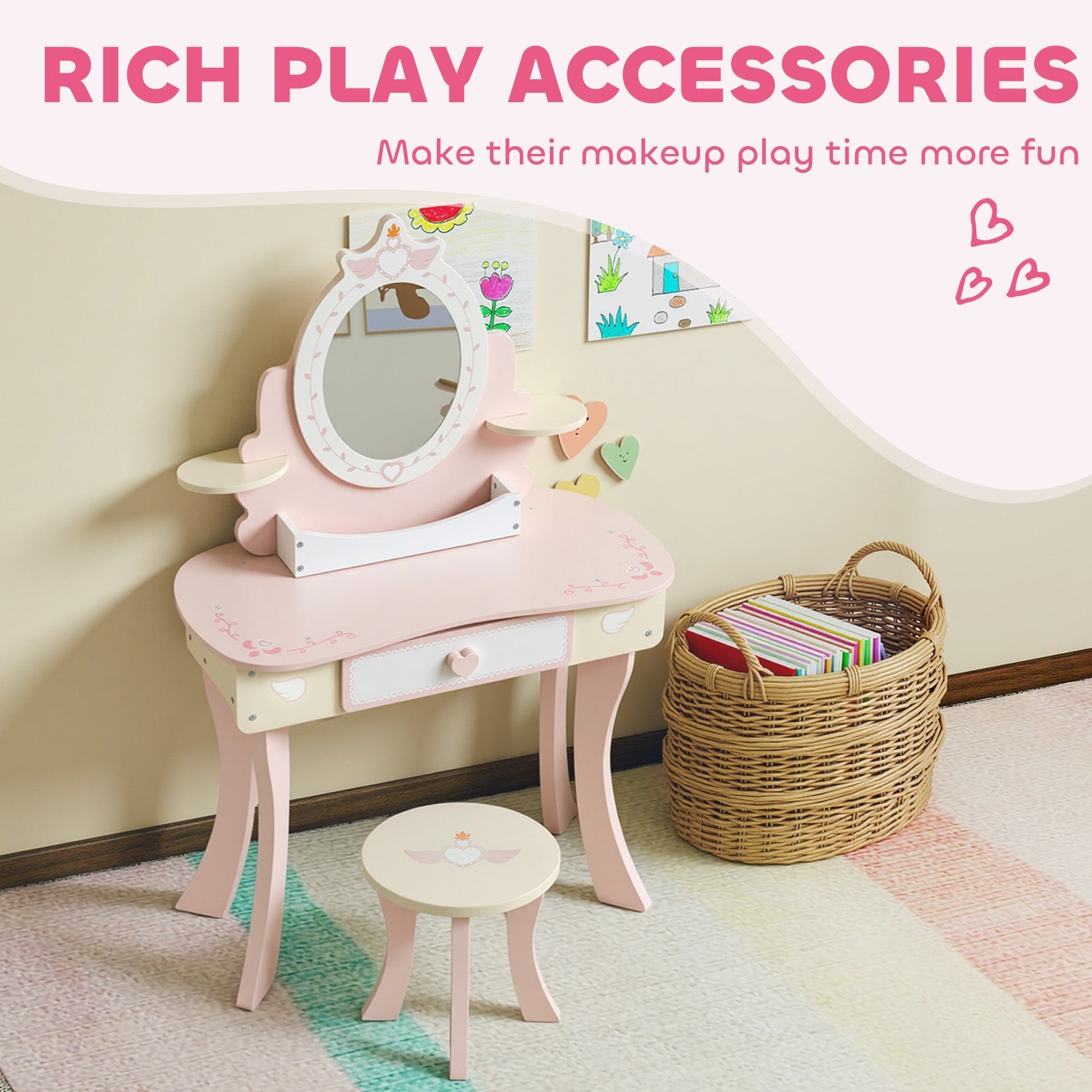 AIYAPLAY Kids Dressing Table, Girls Vanity Set with Mirror and Stool, 7 Play Accessories, Drawer, Desktop Storage, Pink | Luxury Home Accessories | Heulog Glow