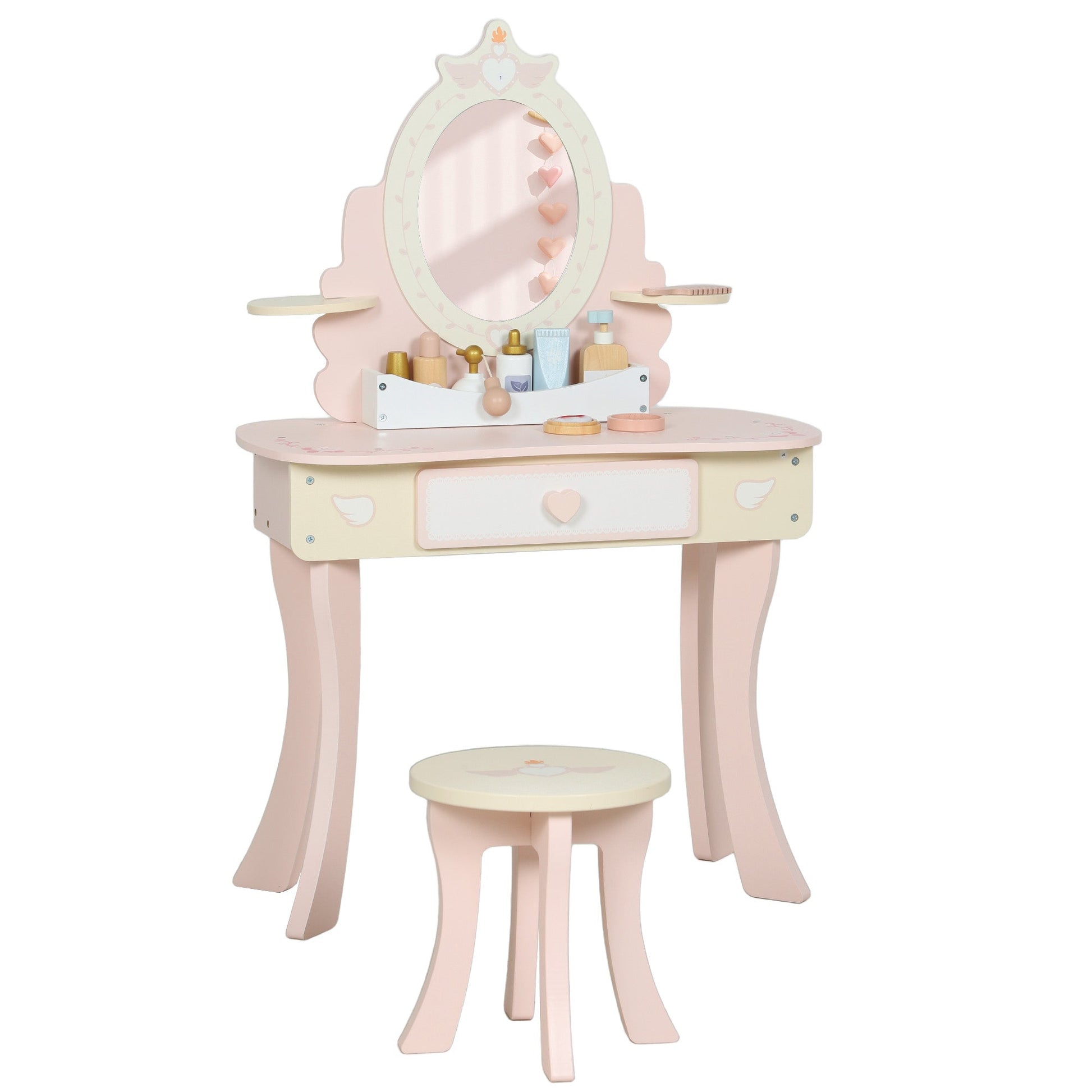 AIYAPLAY Kids Dressing Table, Girls Vanity Set with Mirror and Stool, 7 Play Accessories, Drawer, Desktop Storage, Pink | Luxury Home Accessories | Heulog Glow