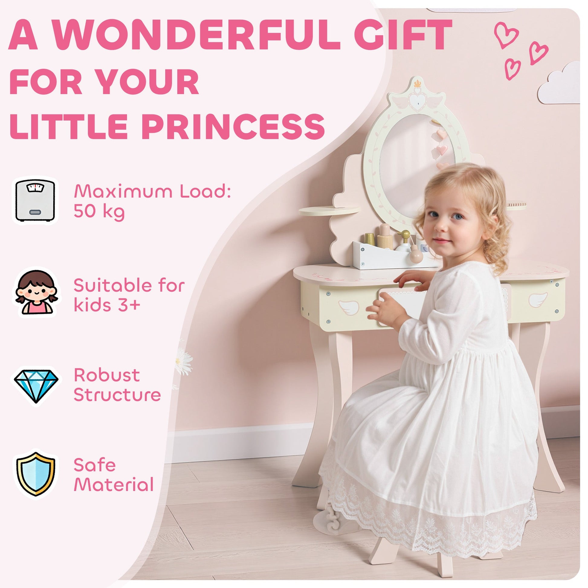AIYAPLAY Kids Dressing Table, Girls Vanity Set with Mirror and Stool, 7 Play Accessories, Drawer, Desktop Storage, Pink | Luxury Home Accessories | Heulog Glow