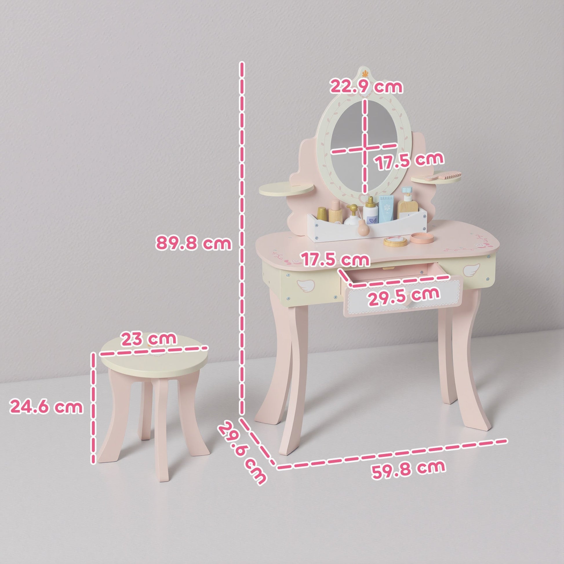 AIYAPLAY Kids Dressing Table, Girls Vanity Set with Mirror and Stool, 7 Play Accessories, Drawer, Desktop Storage, Pink | Luxury Home Accessories | Heulog Glow