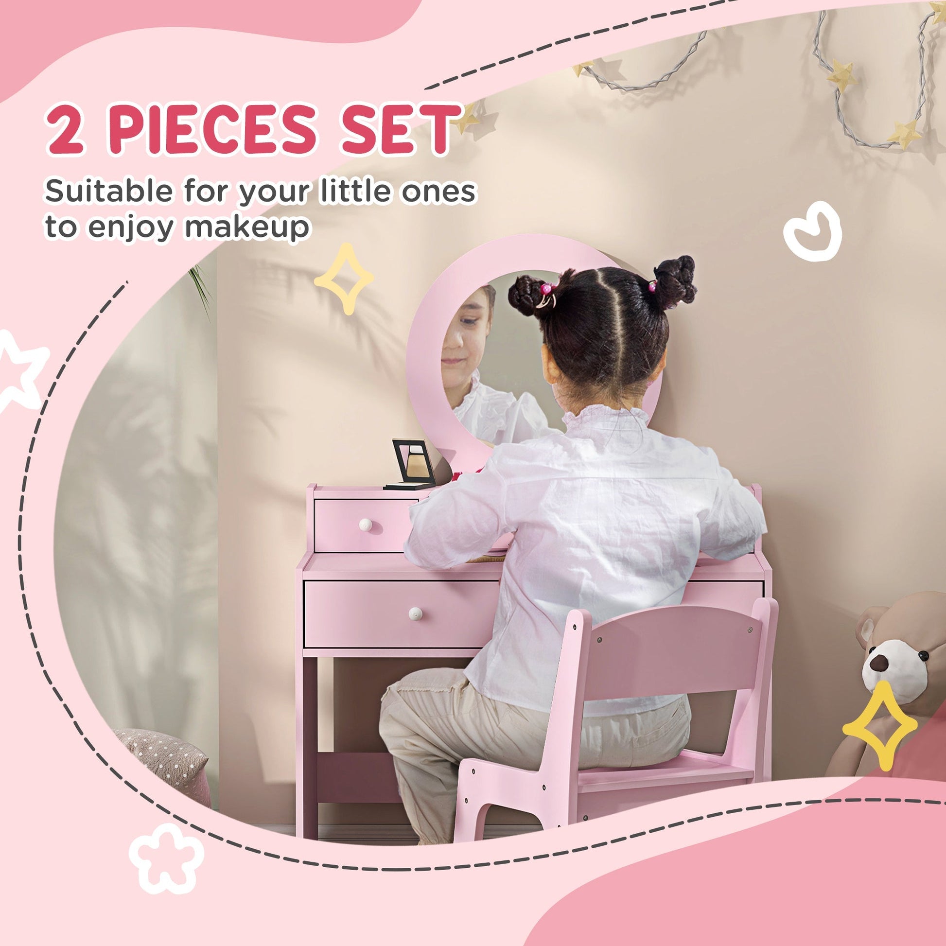 AIYAPLAY Kids Dressing Table Set Kids Make up Table with Stool and Mirror, Storage Drawers, Gift for Aged 3-8 | Luxury Home Accessories | Heulog Glow