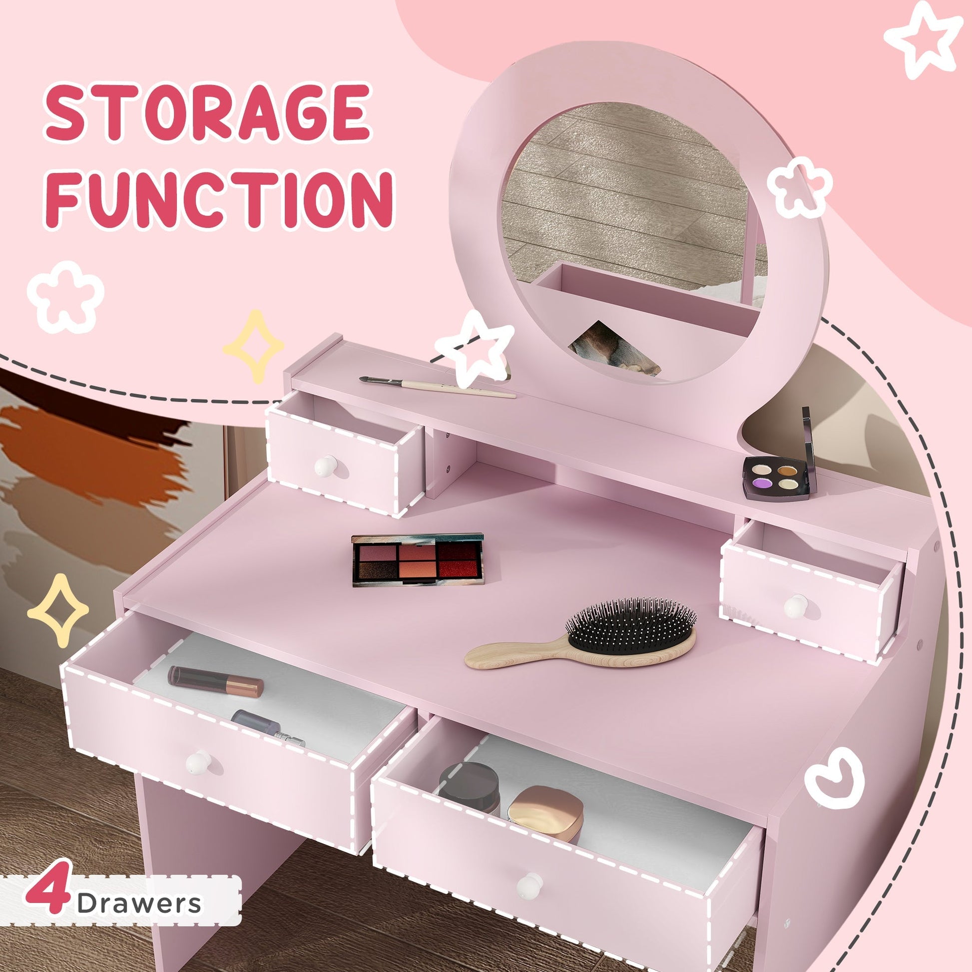 AIYAPLAY Kids Dressing Table Set Kids Make up Table with Stool and Mirror, Storage Drawers, Gift for Aged 3-8 | Luxury Home Accessories | Heulog Glow